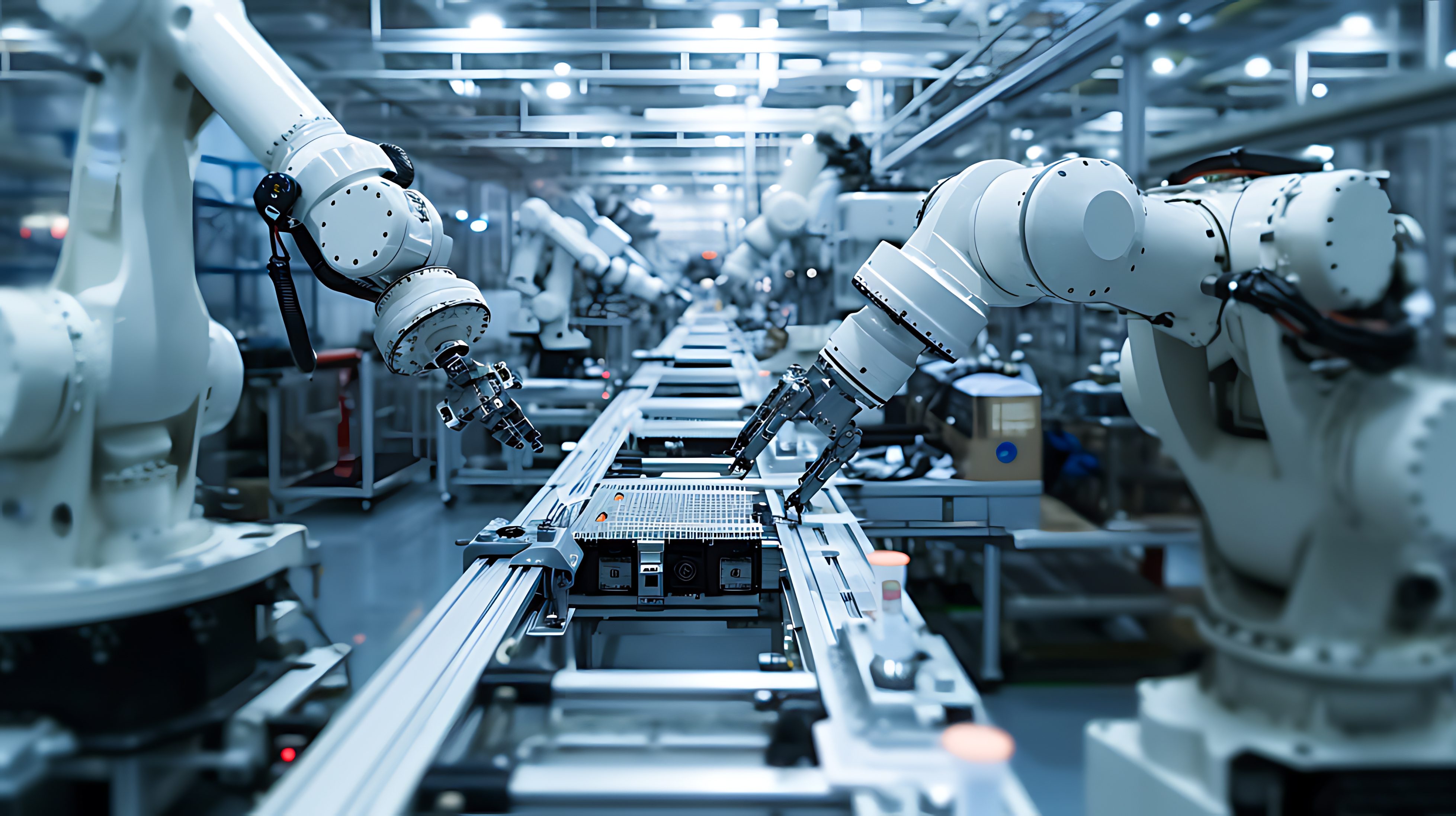 Brazos robóticos en línea de producción industrial